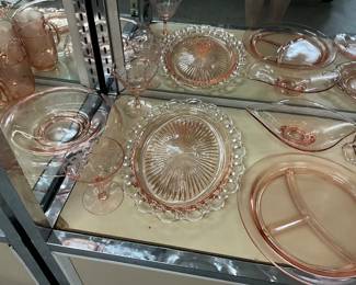 Assorted Pink Depression Glass: Champagne Glass * Old Colony Lace Edge Platter * Serving Bowl * Smith Glass Divided Plate