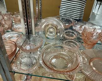 Assorted Pink Depression Glass Including : Anchor Hocking Mayfair "Open Rose" Bowl