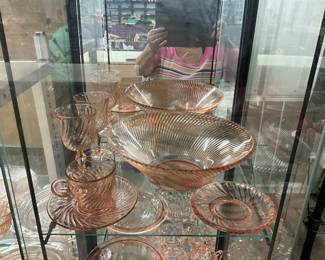Assorted Pink Depression Glass Including : Arcoroc France Rosaline Pink Swirl Tea Cup & Saucer * Westmorland Swirl Goblets * Federal Glass Diana Salad Bowl