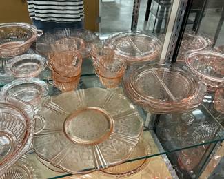 Assorted Pink Depression Glass Including : MacBeth-Evans American Sweetheart Salver Platter * Federal Glass "Madrid" Pattern Plates * Cups