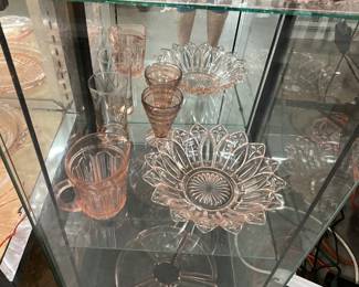 Pink Depression Glass : Creamer * Drinking Glass * Anchor Hocking Block Optical Sundae Glass * Federal Glass Petal Bowl