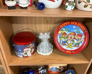 Christmas Pail Tin Bucket - JC Penny Acrylic Angel - 1995 Keebler Happy Holidays Tin
