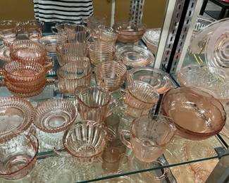 Assorted Pink Depression Glass Including : Creamer & Sugars * Bowls * Plates