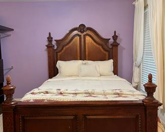 Ornate queen size bed originally from Hurwitz-Mintz of New Orleans.