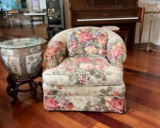 Pair of custom floral side chairs designed by Allen Kurtz of Dallas. 