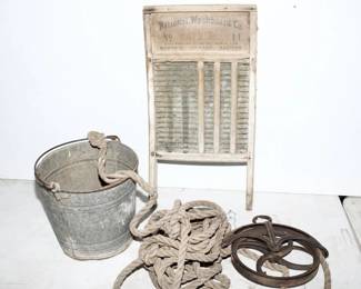 Vintage National Washboard, Well Bucket and