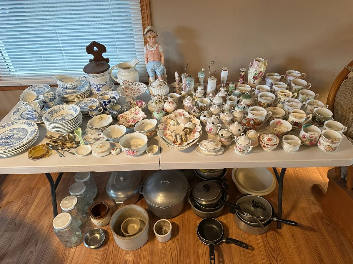 China - hat pin holders, jam pots, mustache cups, plates, bowls, Tulip Tim dish set by Johnson Bros (made in England)