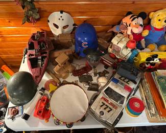 vintage toys, viewfinder, RC car and boat, kids books, wood train