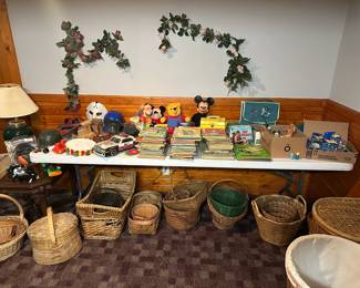 vintage toys, baskets, matchbox cars, records, Hot Wheels cars (some new in packaging)