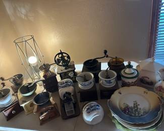 antique coffee grinders, china plates