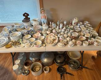 China - hat pin holders, jam pots, mustache cups, plates, bowls, Tulip Tim dish set by Johnson Bros (made in England)