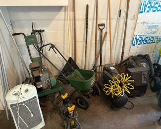 Fertilizer, space heaters, jacks, Shop Vac, tools, brooms, rakes, shovels, 