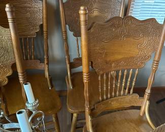 Antique Press Back Chairs with Antique Oak Pedestal Table