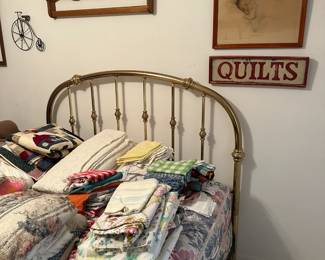 brass bed, art, wall decor, and kitchen linens, placemats, napkins, embroidered items, tablecloths, etc.
