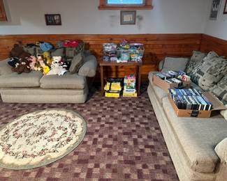 VHS, DVD, Blue Ray, Rugs, Stuffed Animals (new and vintage), vintage hats, games, puzzles, sofa, couch, loveseat