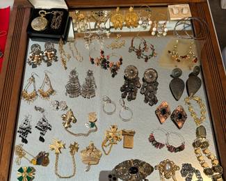 Statement earrings, pins, necklaces, antique pocket watches, 