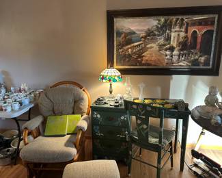glider and ottoman, painted desk and chair, stained glass lamp, 