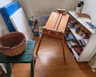 Art supplies, paint, canvases
