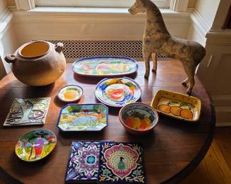 Colorful Spanish Pottery, Columbian Pottery, Antique Carved wood horse