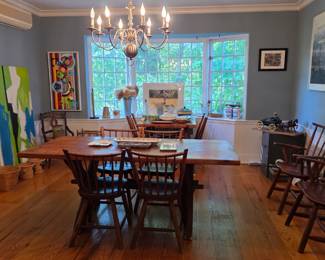 Antique Rustic Primitive X-Base Hand-Hewn Dining Table and Antique Windsor Chairs