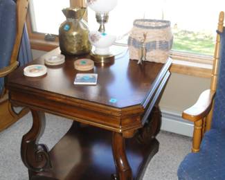 Solid wood table, with some great one of a kind coasters, and some decorative items as well
