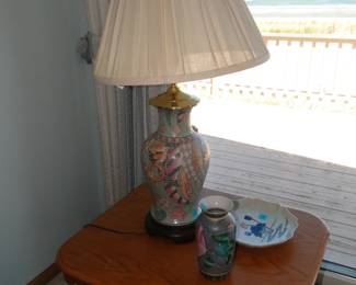 Ornate lamp and small vase and dish