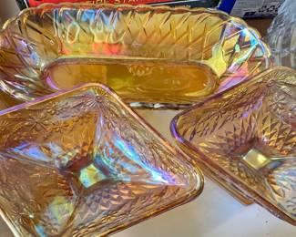 Indiana Carnival Glass Iridescent amber diamond footed candy dish
