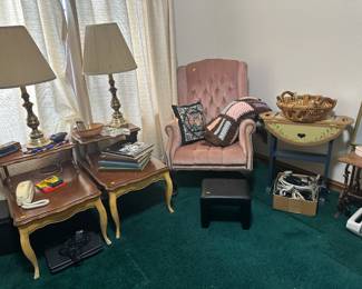End tables, side table pink upholstered chair, brass lamps