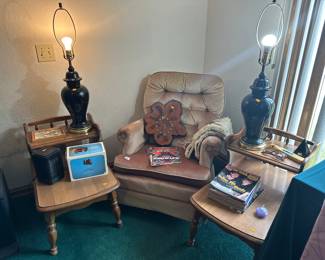 Vintage End tables, Upholstered Chairs, Lamps
