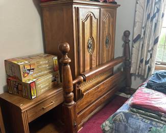 End table, armoire, queen size bed