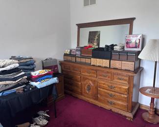 4X men’s shirts (NIP)
Misc. men’s clothing in various sizes 
Dresser w/ mirror, Queen Bed, Wardrobe and  tons of CDs