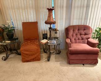 chairs, tables, lamp