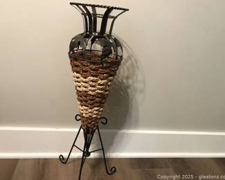 Vintage Rattan Wicker and Metal Amphora Vase