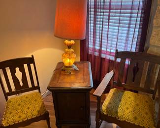 Two vintage chairs and lamp. Nightstand is not for sale