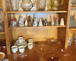 Bells, glass and crystal pitchers, glass serving plates 