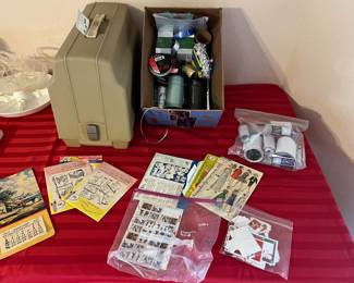 Stickers, curling ribbon, nametags, Singer sewing machine box 