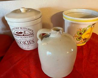 Crock jug, crock cookie jar, planter
