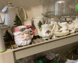 More cleaning items, Christmas tea set, cake plate.