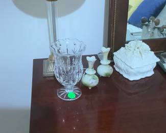 Two matching lamps on dresser.