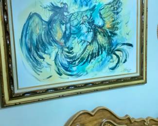 Art piece signed on canvas with fighting cocks.  The colors in this art piece is beautiful.