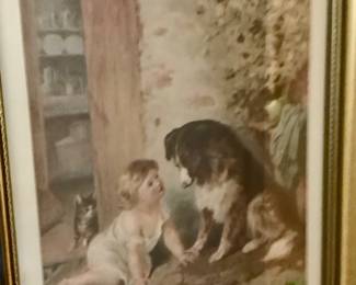 Vintage frame with baby and dog.
