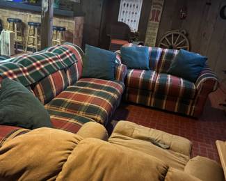 Plaid couch and love seat. Tan recliner.