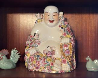 NFF003-Vintage Porcelain Laughing Buddha w / Children & Other Figurines