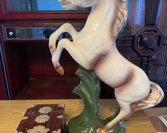 NFF096 - Vintage Ceramic Horse & Wood Box with Ornate Metalwork