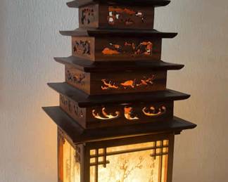 NFF007- Wood Carved Japanese Pagoda Lamp 