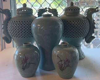 NFF035 - Large Lot of Vintage / Antique Celadon Glaze Assorted Green Vases
