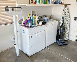 Household Cleaners, Heavy Duty Ironing Board, Vacuum, Vintage Detecto Medical Scale **Washer/Dryer - NOT FOR SALE**