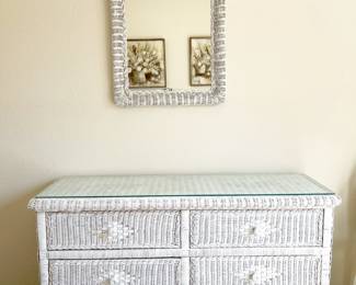 White Wicker Dresser w/protective glass top. Wicker Mirror