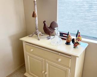 Sideboard, Royal Copley 3-pc Rooster/Chicken/Chic Set, Orresfors Decanter, Metal Art