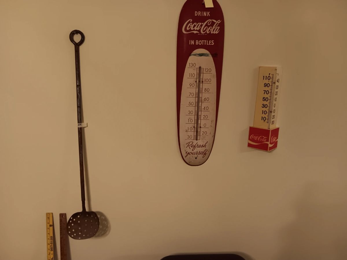 antique hand forged straining ladle, 1950's coca cola original metal cigar thermometer and vintage 1070's plastic corner thermometer